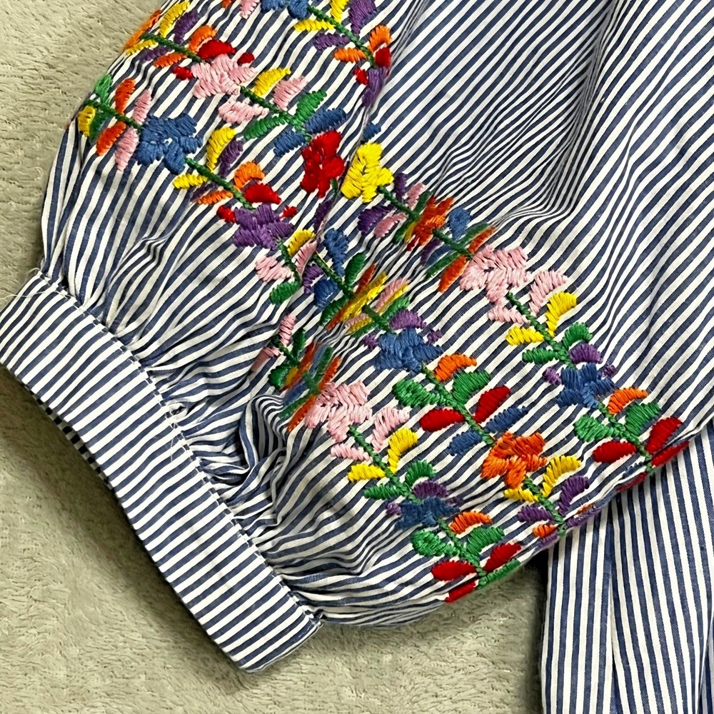 J Marie Embroidered Carli Top Peplum Women S Blue White Striped Floral Lined - Picture 3 of 12